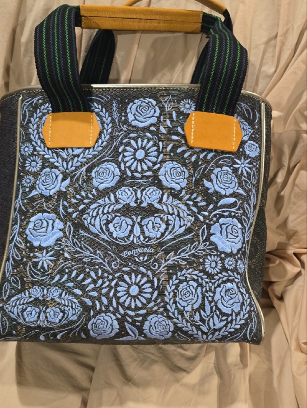 Consuela Black Tote with Light Blue Floral Embroidery and Tan Accents - Picture 10 of 10